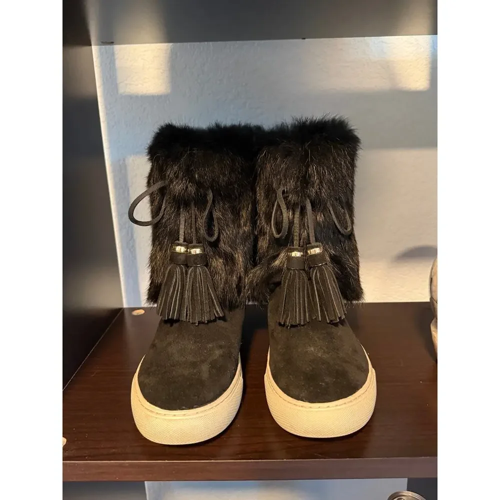 Tory Burch Black Rabbit Fur Suded Angelica Sneaker Boot - Size 8